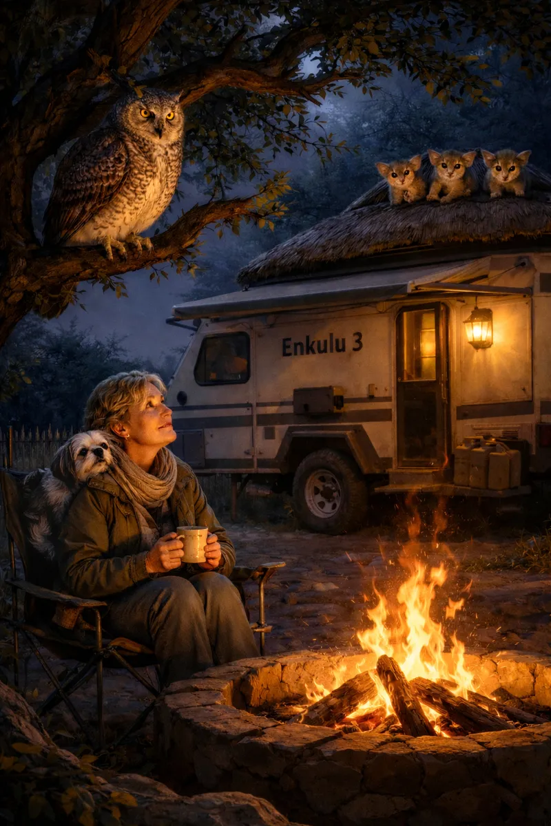 ’n Winteraand by Redhartebees Kamp: Elzabé, ’n Gevlekte Ooruil, bosbabatjies en stille wysheid by Thorn Tree Bush Camp.”