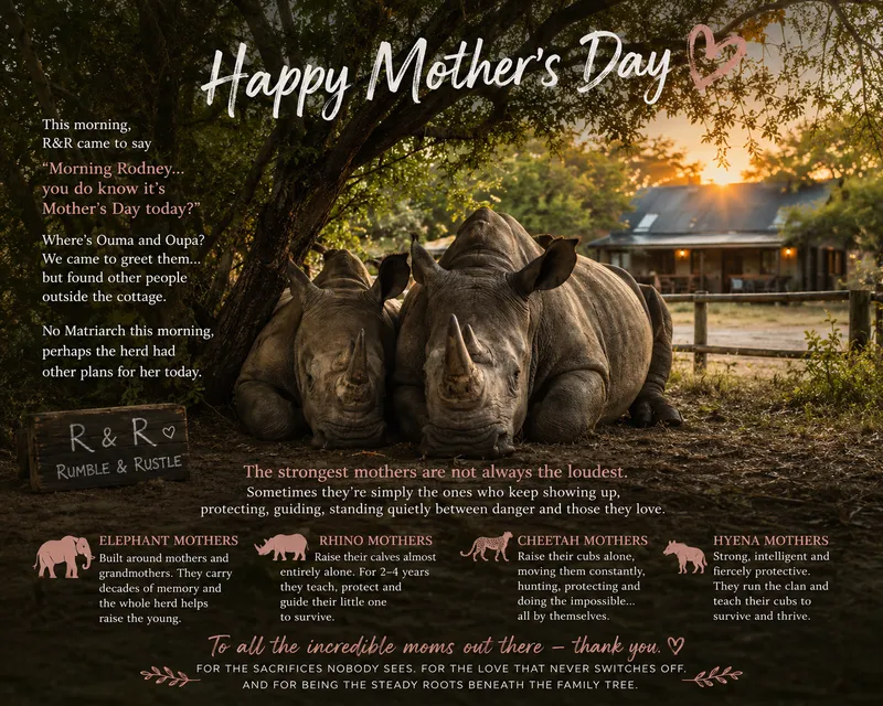 Mother’s Day in the bushveld: rhinos, elephants, cheetahs & hyenas reveal the quiet strength, protection and love of wild mothers. 🌿